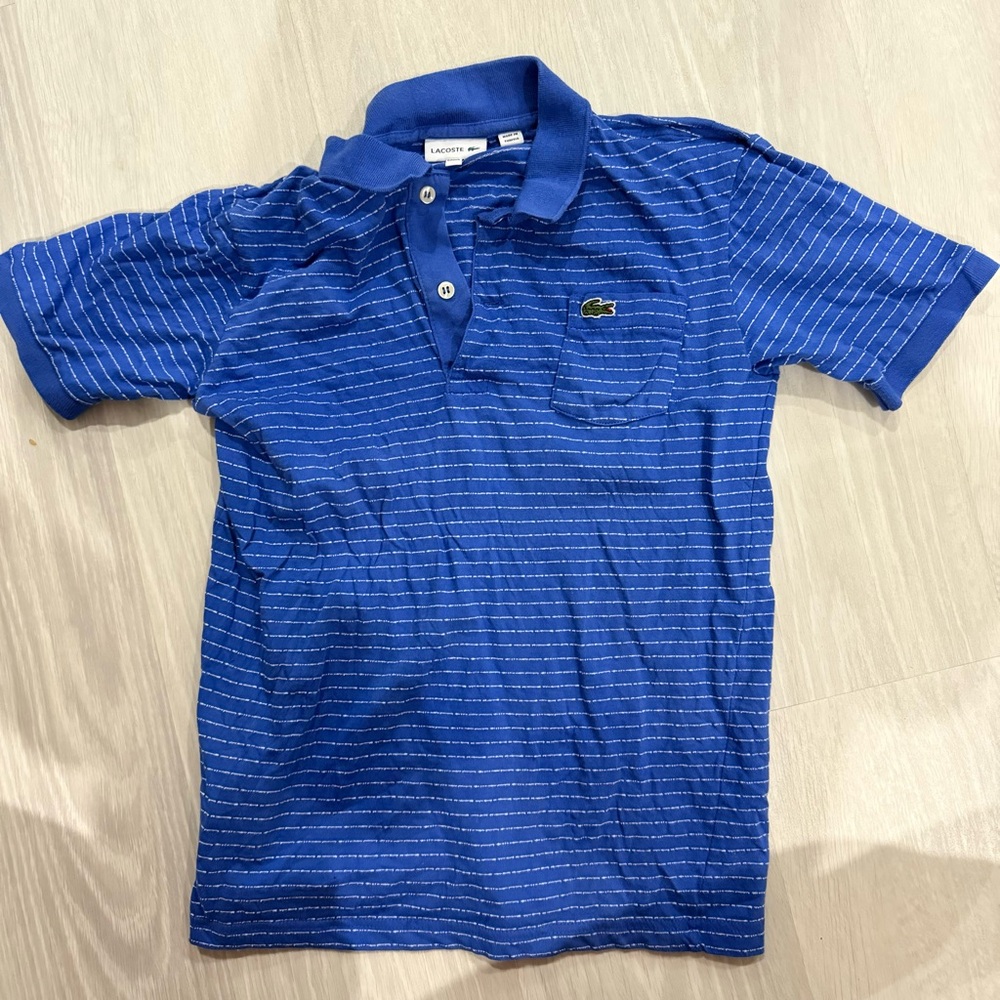 Boys Lacoste Polo Short Sleeve Shirt Blue White Stripe Size 12
